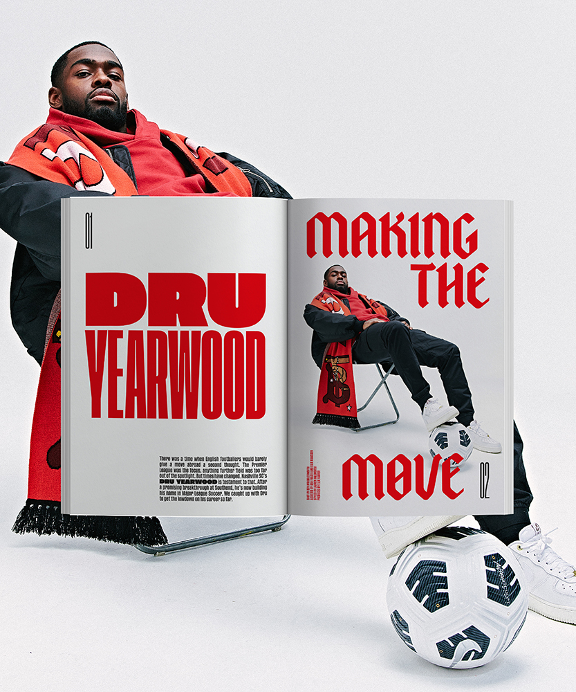 Footballer Dru Yearwood sat on chair with football for Iconic Magazine